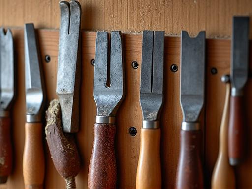 Outils d'ébénisterie traditionnels soigneusement rangés sur un mur d'atelier.