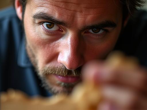 Le visage concentré d'un artisan examinant un grain de bois de chêne.