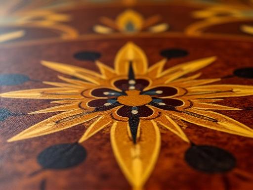 Détail d'un plateau de bureau avec un motif de marqueterie complexe.