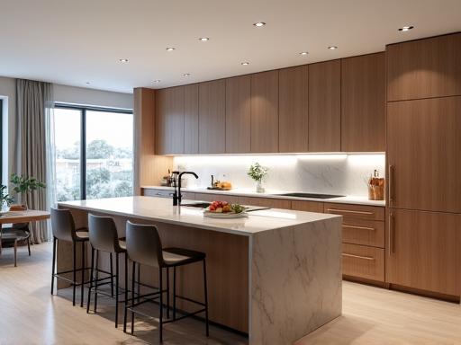 Cuisine moderne avec îlot central en bois et plan de travail en marbre.