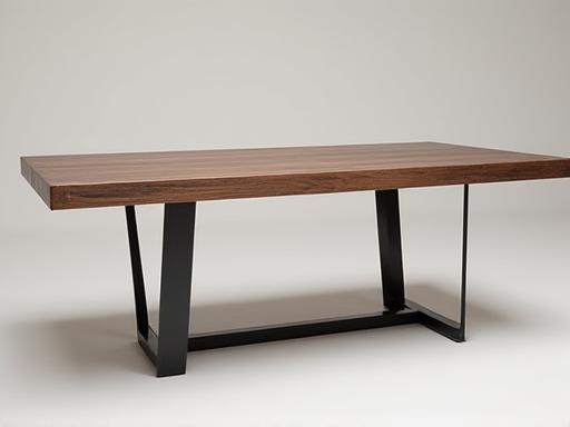 Table de salle à manger en noyer avec pieds en métal.